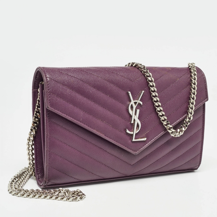 مملوكة مسبقًا Saint Laurent Purple Matelassé Leather Monogram Envelope Wallet on Chain
