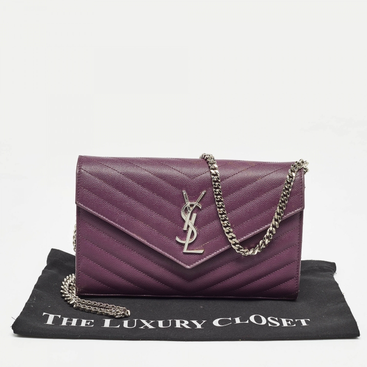 مملوكة مسبقًا Saint Laurent Purple Matelassé Leather Monogram Envelope Wallet on Chain