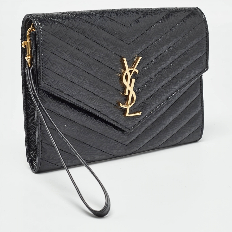 Pre Owned Saint Laurent Black Matelassé Leather Cassandre Wristlet Pouch
