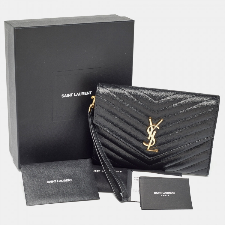 Pre Owned Saint Laurent Black Matelassé Leather Cassandre Wristlet Pouch