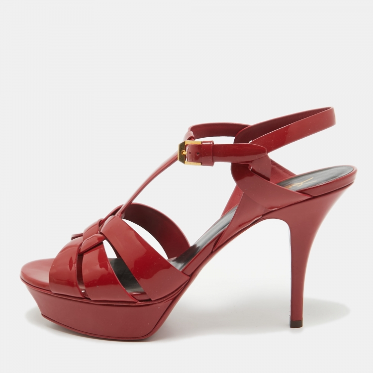 Pre Owned Saint Laurent Burgundy Patent Leather Tribute Sandals Size 40