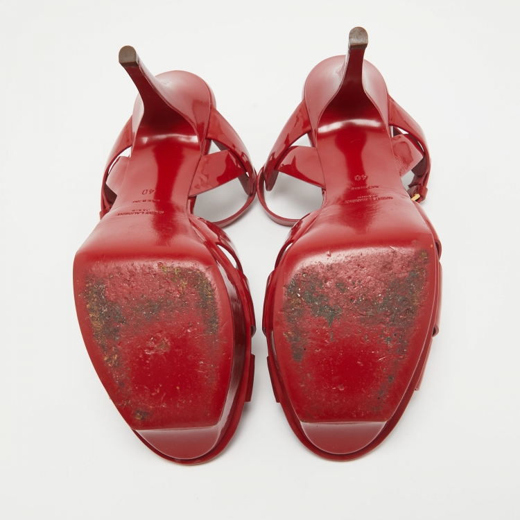 Pre Owned Saint Laurent Burgundy Patent Leather Tribute Sandals Size 40