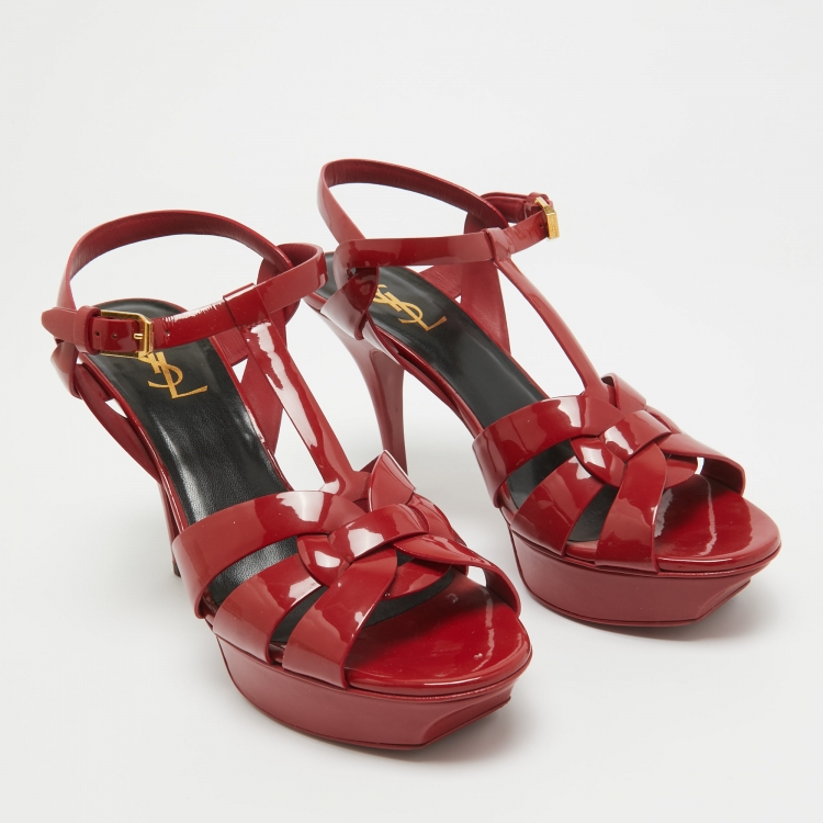 Pre Owned Saint Laurent Burgundy Patent Leather Tribute Sandals Size 40