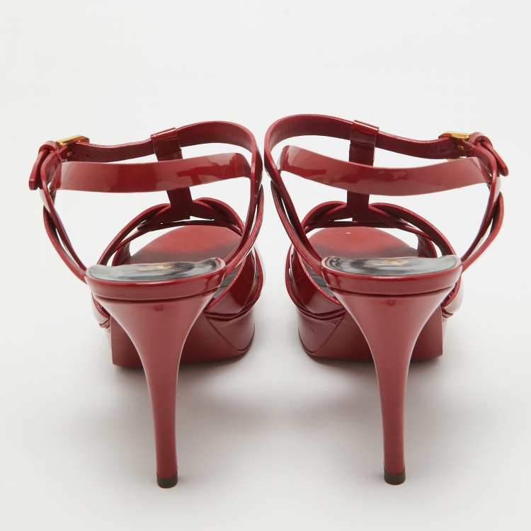 Pre Owned Saint Laurent Burgundy Patent Leather Tribute Sandals Size 40