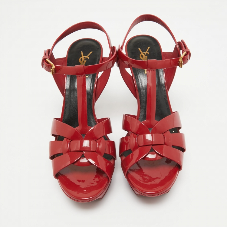 Pre Owned Saint Laurent Burgundy Patent Leather Tribute Sandals Size 40