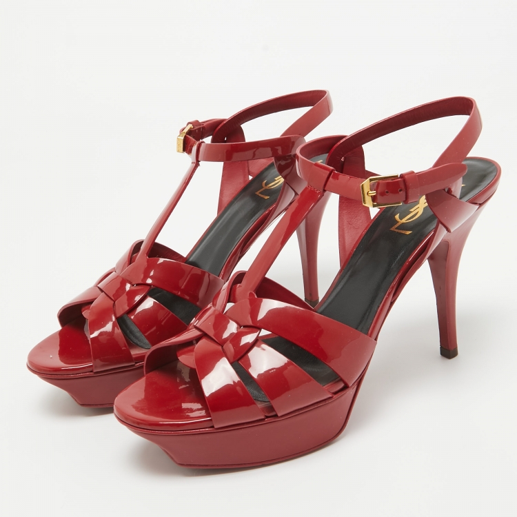 Pre Owned Saint Laurent Burgundy Patent Leather Tribute Sandals Size 40