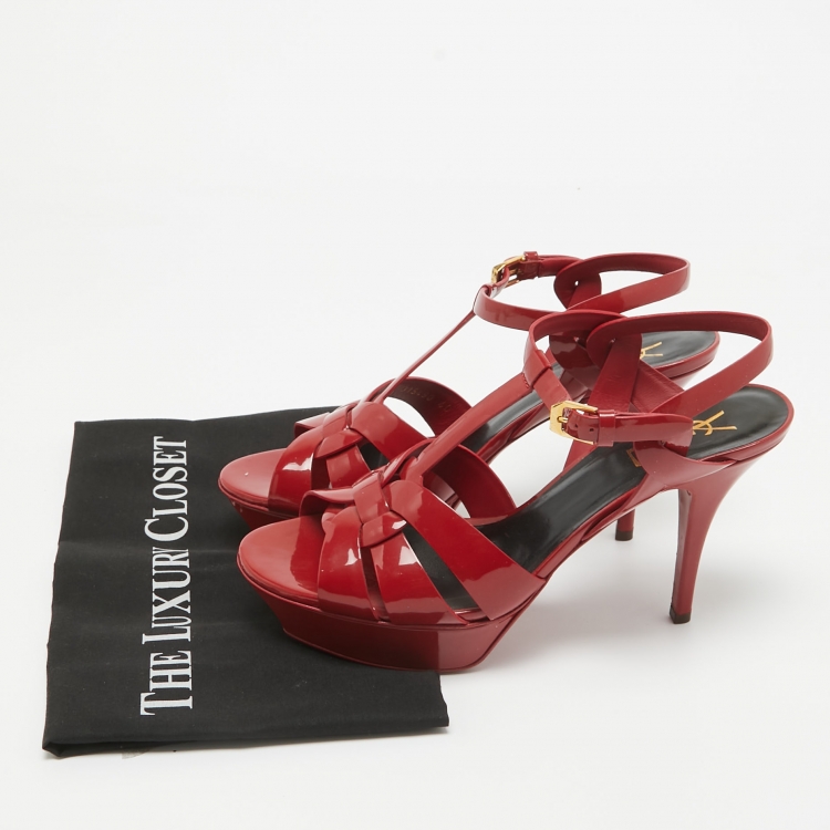 Pre Owned Saint Laurent Burgundy Patent Leather Tribute Sandals Size 40