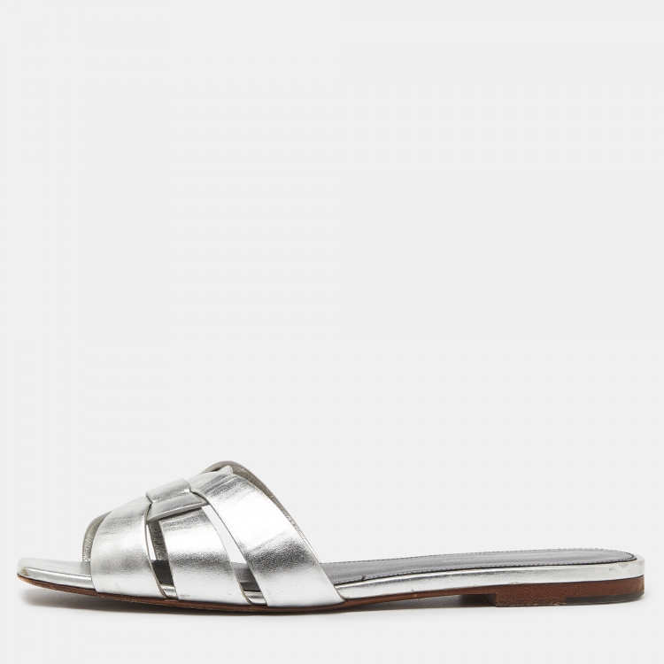 Pre Owned Saint Laurent Silver Leather Tribute Flat Slides Size 38