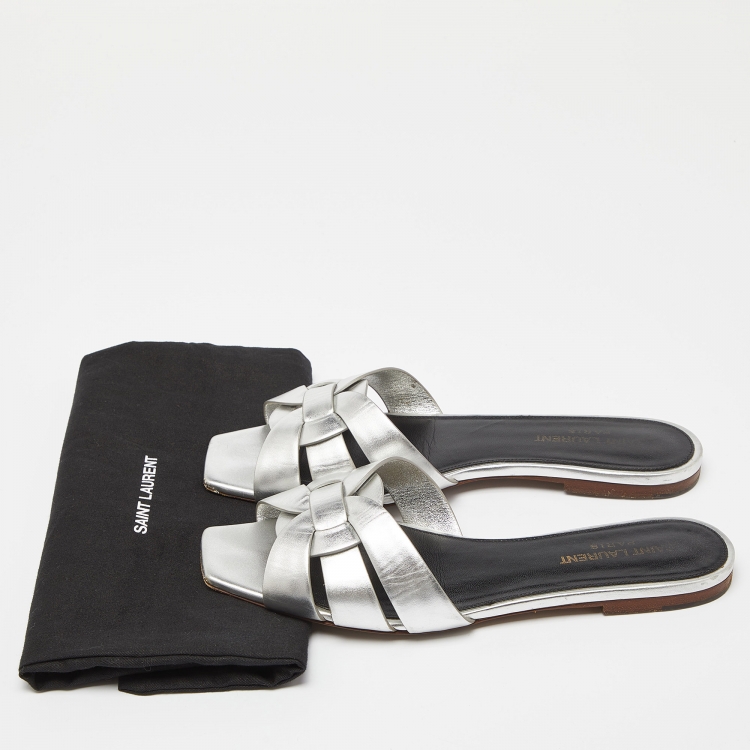 Pre Owned Saint Laurent Silver Leather Tribute Flat Slides Size 38