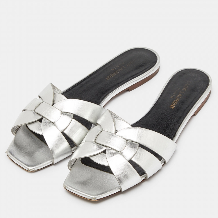 Pre Owned Saint Laurent Silver Leather Tribute Flat Slides Size 38