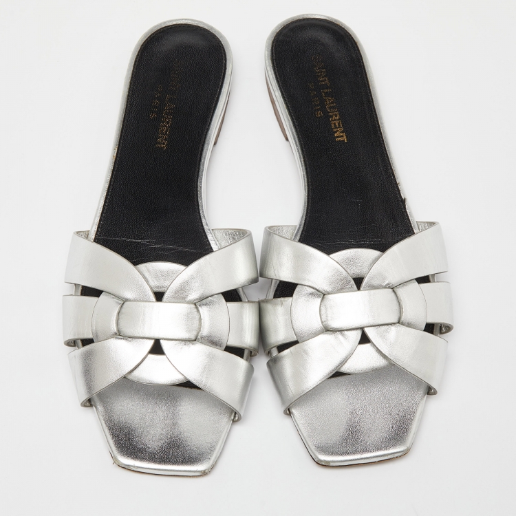 Pre Owned Saint Laurent Silver Leather Tribute Flat Slides Size 38