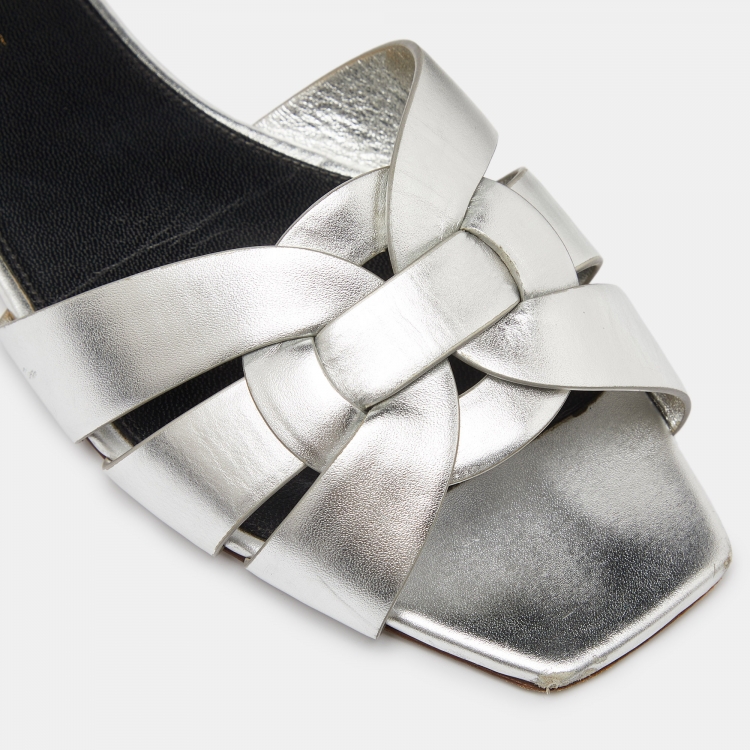 Pre Owned Saint Laurent Silver Leather Tribute Flat Slides Size 38