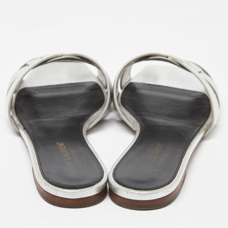 Pre Owned Saint Laurent Silver Leather Tribute Flat Slides Size 38