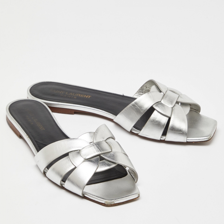 Pre Owned Saint Laurent Silver Leather Tribute Flat Slides Size 38
