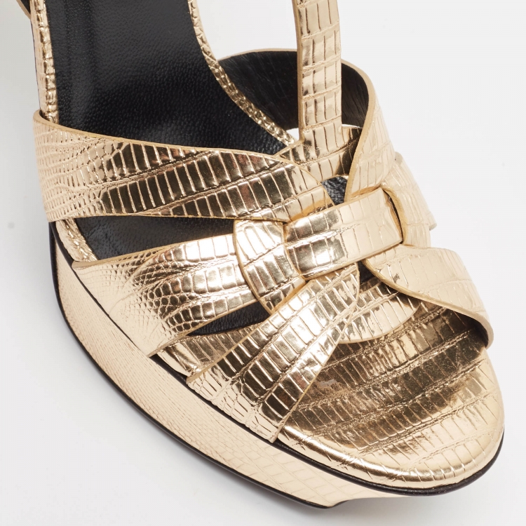 Pre Owned Saint Laurent Gold Lizard Embossed Leather Tribute Sandals Size 38