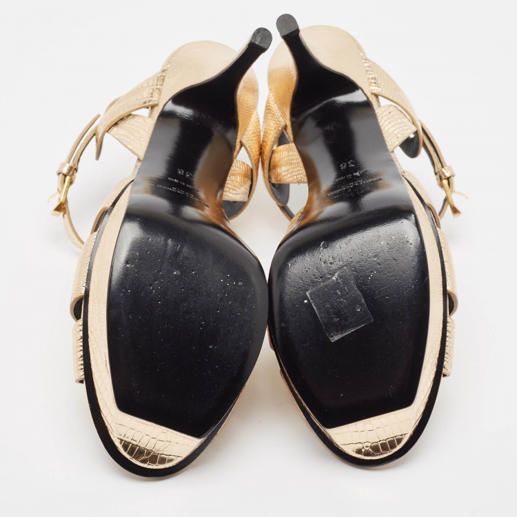 Pre Owned Saint Laurent Gold Lizard Embossed Leather Tribute Sandals Size 38