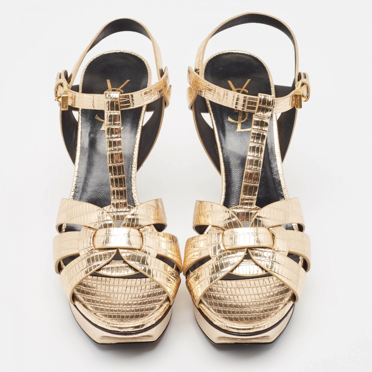 Pre Owned Saint Laurent Gold Lizard Embossed Leather Tribute Sandals Size 38