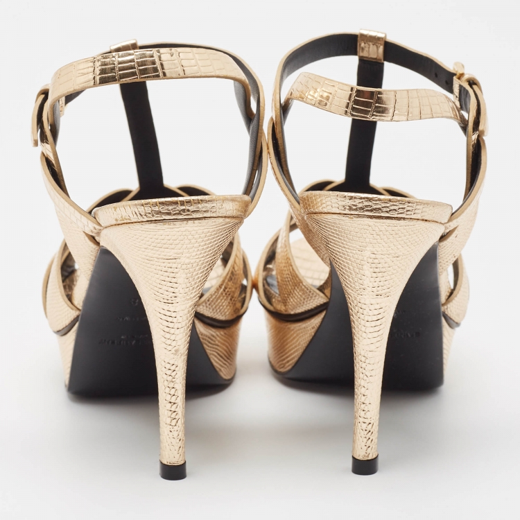 Pre Owned Saint Laurent Gold Lizard Embossed Leather Tribute Sandals Size 38