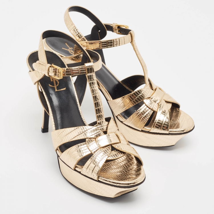 Pre Owned Saint Laurent Gold Lizard Embossed Leather Tribute Sandals Size 38