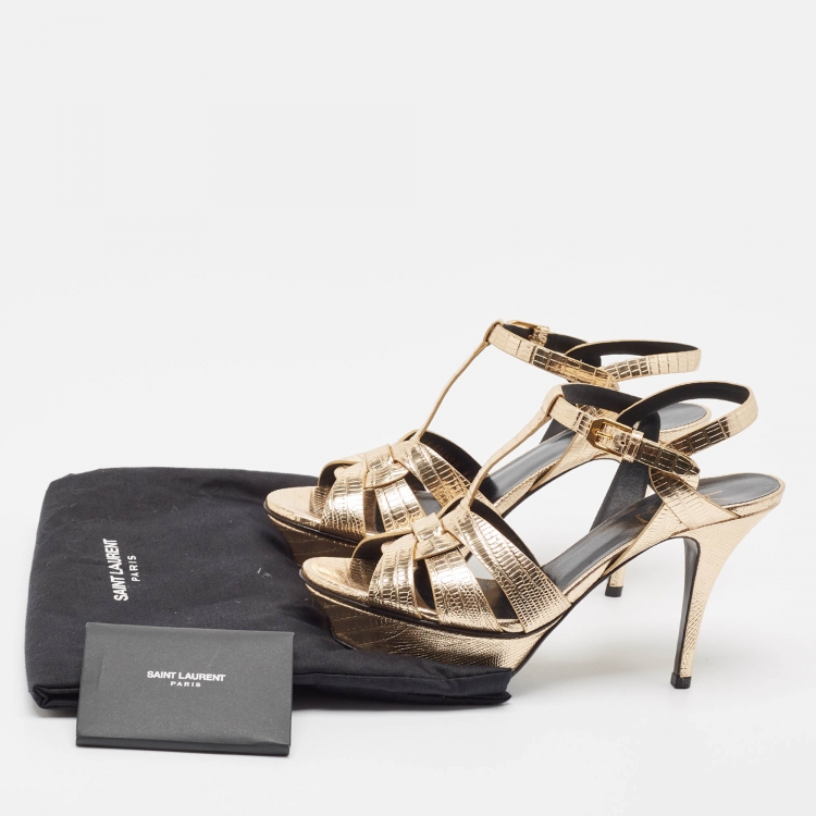 Pre Owned Saint Laurent Gold Lizard Embossed Leather Tribute Sandals Size 38