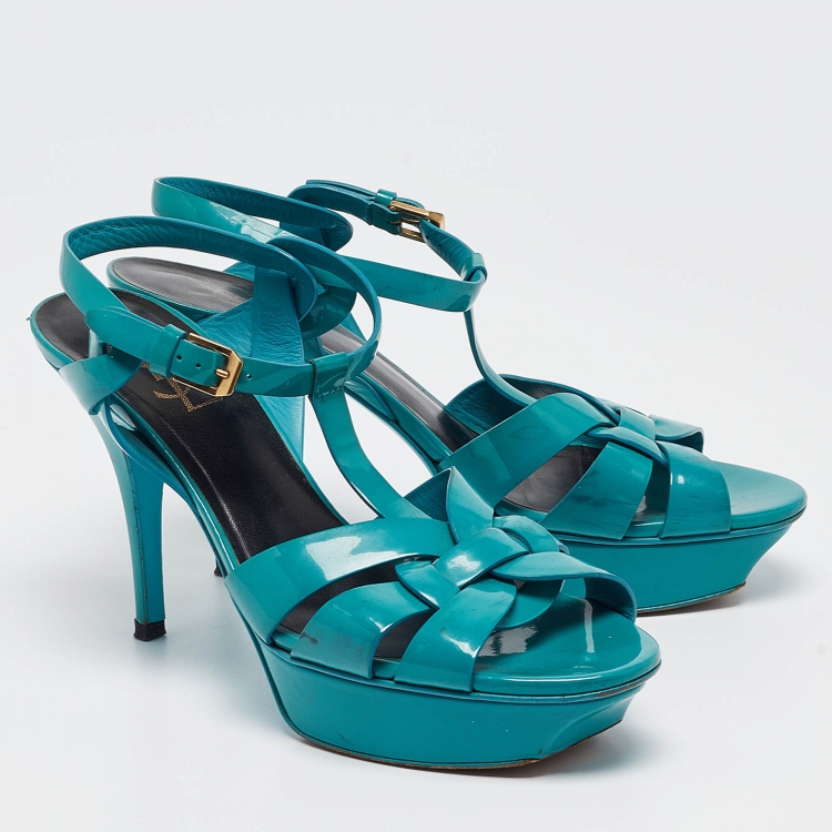 Pre Owned Saint Laurent Green Patent Leather Tribute Platform Sandals Size 39