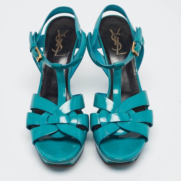 Pre Owned Saint Laurent Green Patent Leather Tribute Platform Sandals Size 39