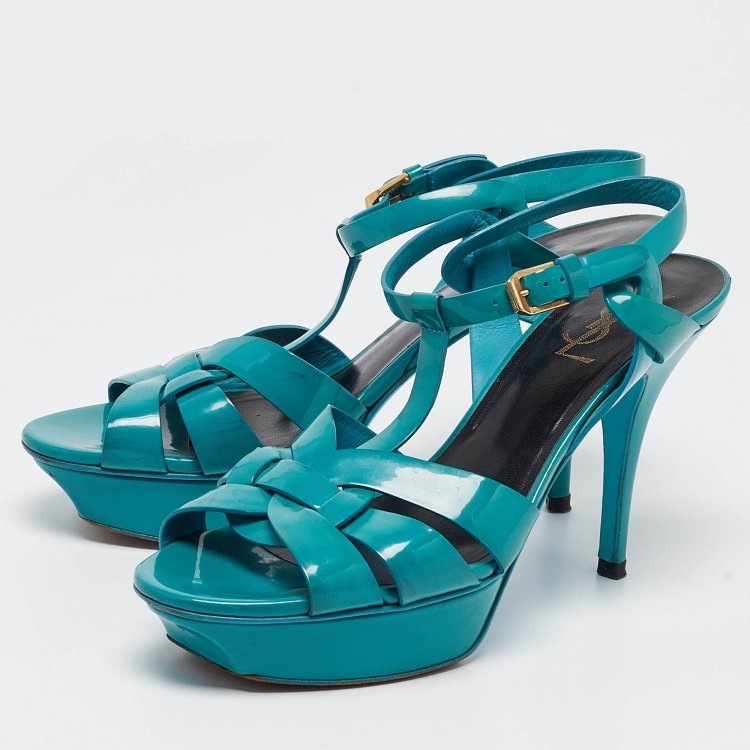 Pre Owned Saint Laurent Green Patent Leather Tribute Platform Sandals Size 39