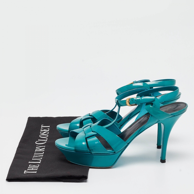 Pre Owned Saint Laurent Green Patent Leather Tribute Platform Sandals Size 39