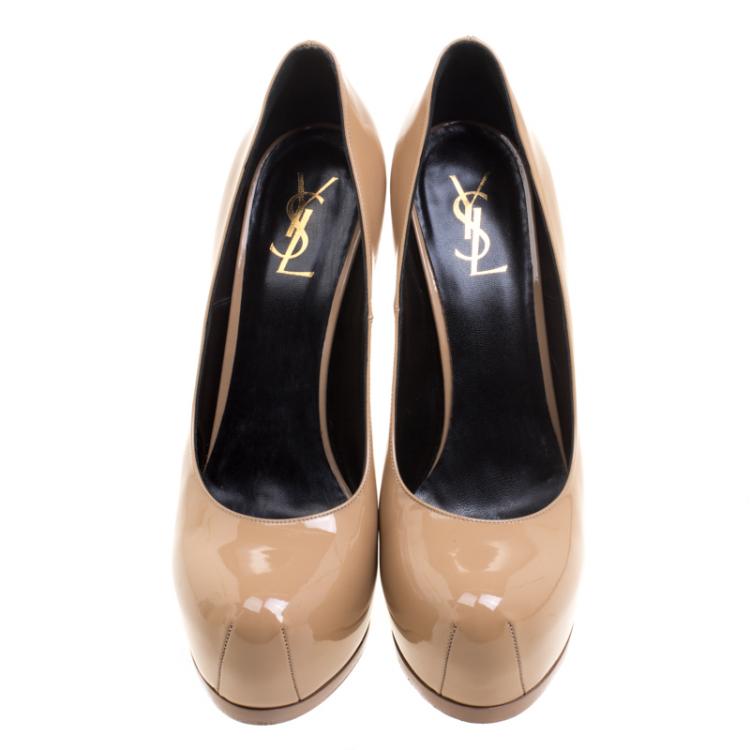 Pre Owned Saint Laurent Paris Beige Patent Leather Tribtoo Platform Pumps Size 40.5