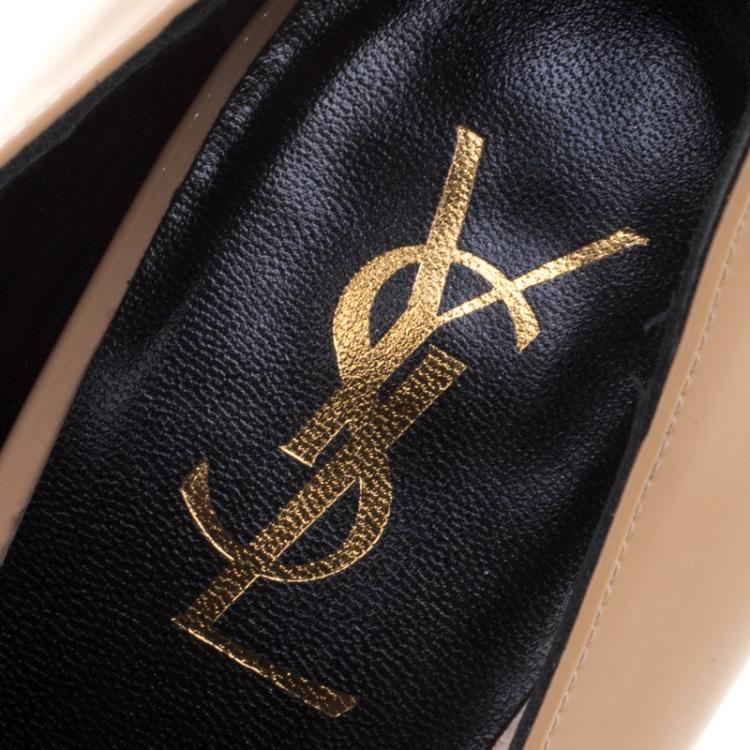 Pre Owned Saint Laurent Paris Beige Patent Leather Tribtoo Platform Pumps Size 40.5