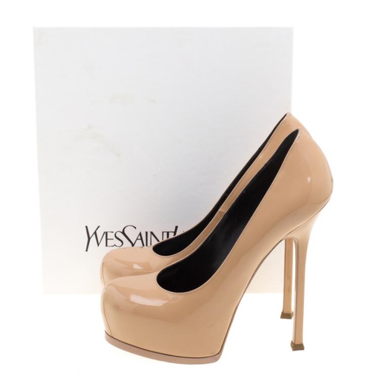 Pre Owned Saint Laurent Paris Beige Patent Leather Tribtoo Platform Pumps Size 40.5