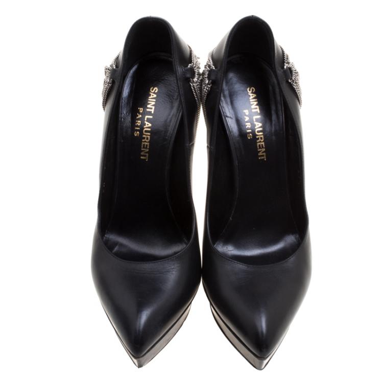 مملوكة مسبقًا Saint Laurent Paris Black Leather Janis Chain Heel Platform Pumps Size 37.5