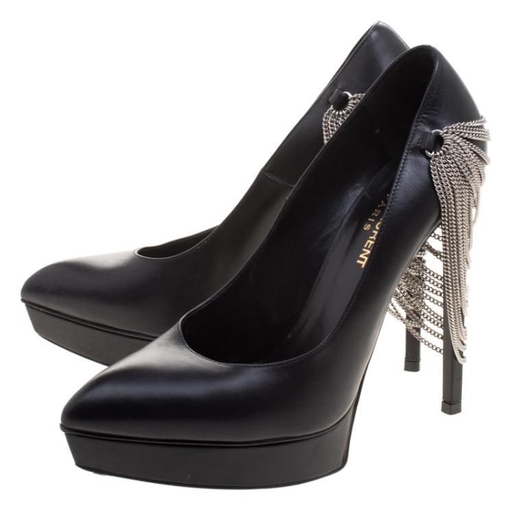مملوكة مسبقًا Saint Laurent Paris Black Leather Janis Chain Heel Platform Pumps Size 37.5