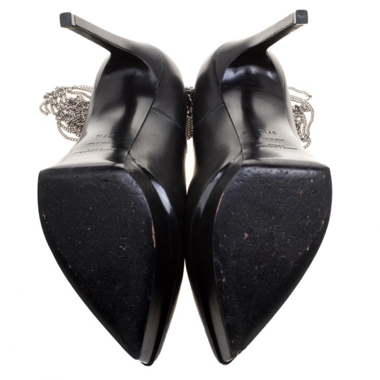 مملوكة مسبقًا Saint Laurent Paris Black Leather Janis Chain Heel Platform Pumps Size 37.5
