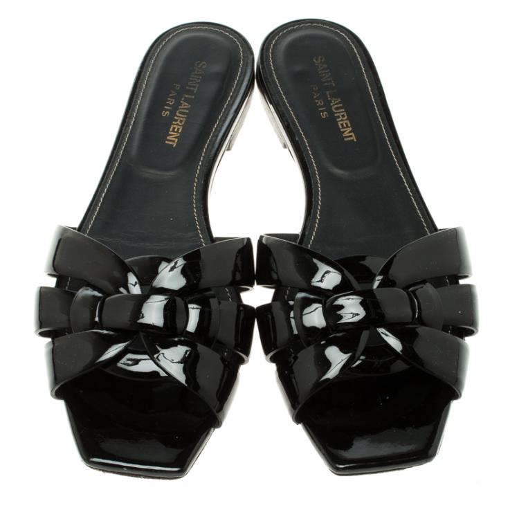 Pre Owned Saint Laurent Paris Black Patent Tribute Flat Slides Size 39