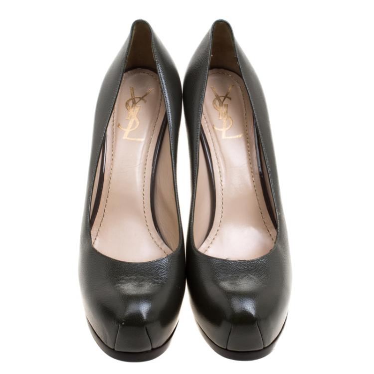 مملوكة مسبقًا Saint Laurent Paris Olive Green Pebbled Leather Tribtoo Platform Pumps Size 41