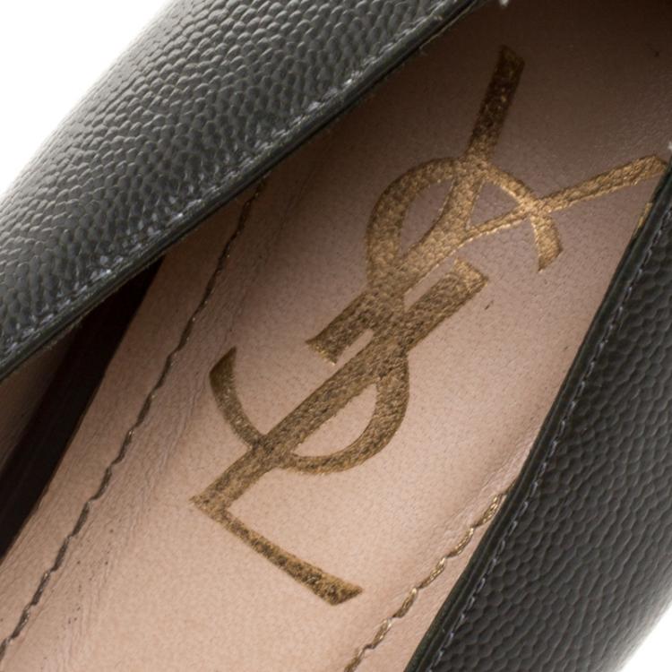 مملوكة مسبقًا Saint Laurent Paris Olive Green Pebbled Leather Tribtoo Platform Pumps Size 41