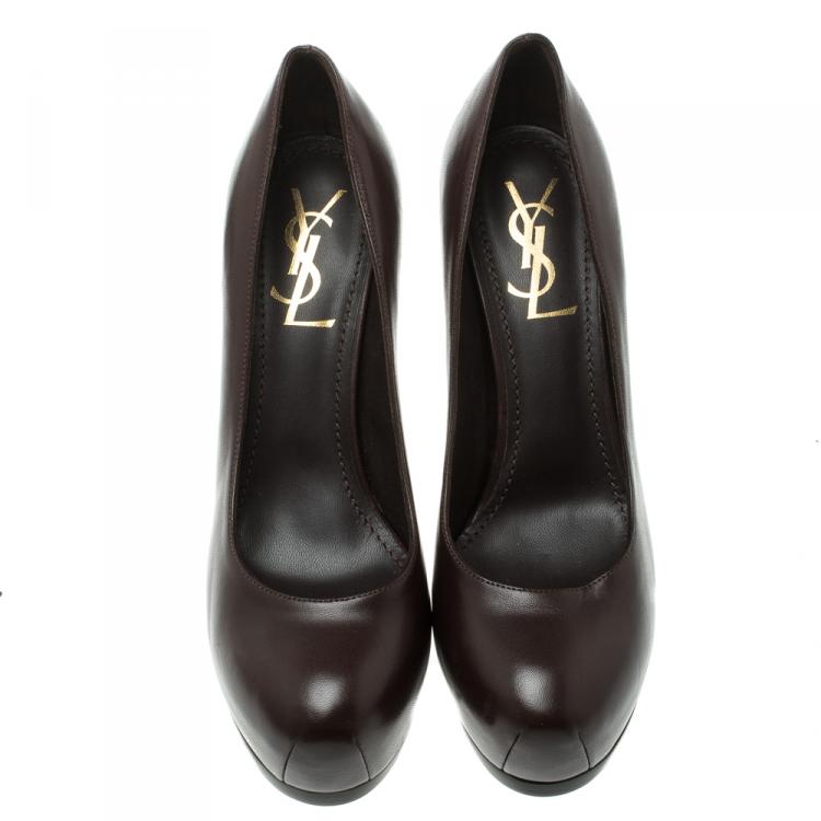 Pre Owned Saint Laurent Paris Brown Leather Tribtoo Platform Pumps Size 37