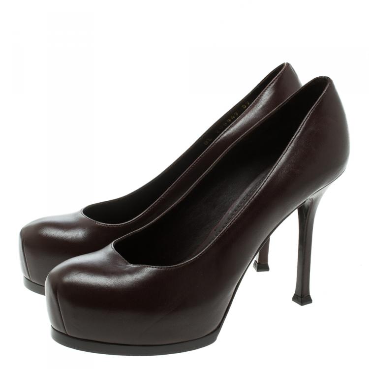 Pre Owned Saint Laurent Paris Brown Leather Tribtoo Platform Pumps Size 37