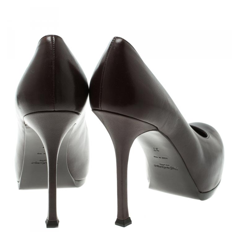 Pre Owned Saint Laurent Paris Brown Leather Tribtoo Platform Pumps Size 37
