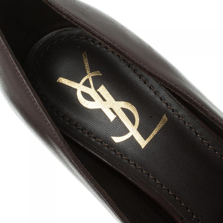 Pre Owned Saint Laurent Paris Brown Leather Tribtoo Platform Pumps Size 37