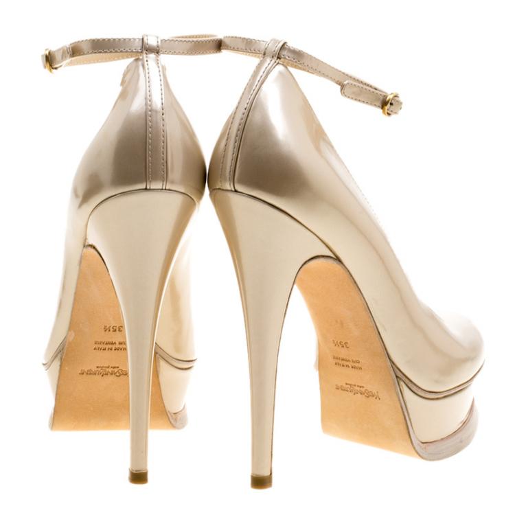 Pre Owned Saint Laurent Beige Patent Leather Ankle Strap Platform Pumps Size 35.5
