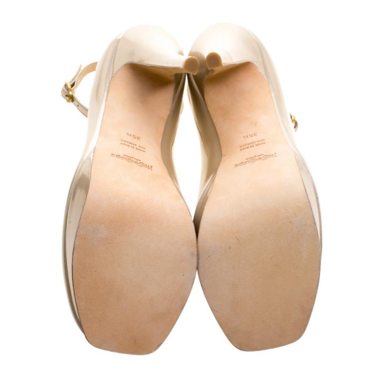 Pre Owned Saint Laurent Beige Patent Leather Ankle Strap Platform Pumps Size 35.5