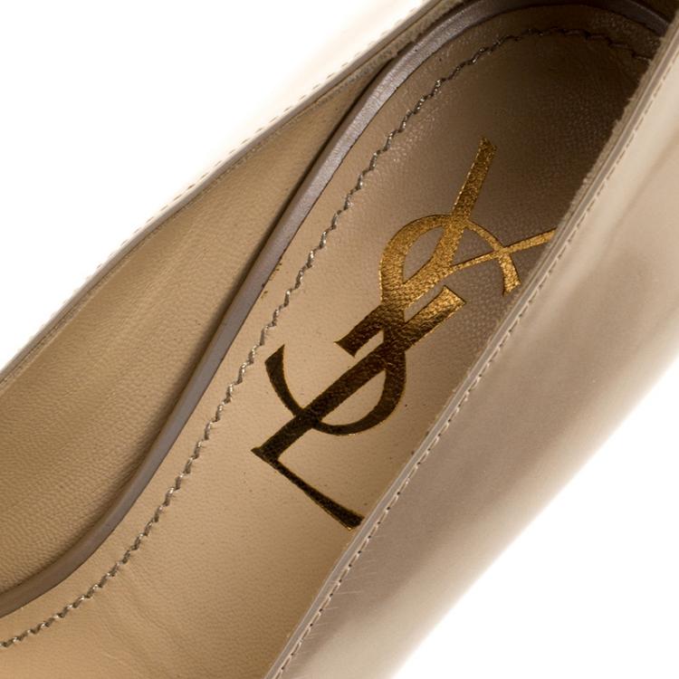 Pre Owned Saint Laurent Beige Patent Leather Ankle Strap Platform Pumps Size 35.5