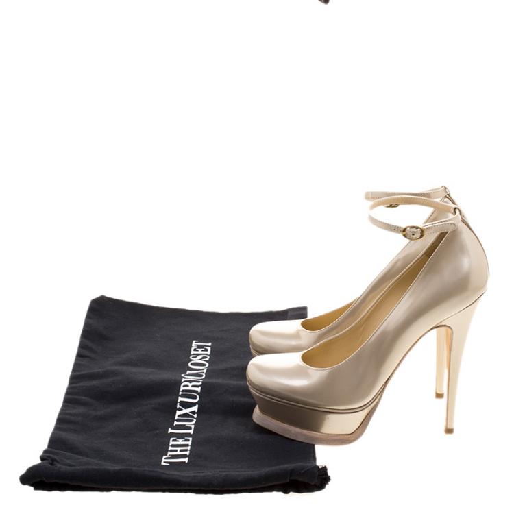 Pre Owned Saint Laurent Beige Patent Leather Ankle Strap Platform Pumps Size 35.5