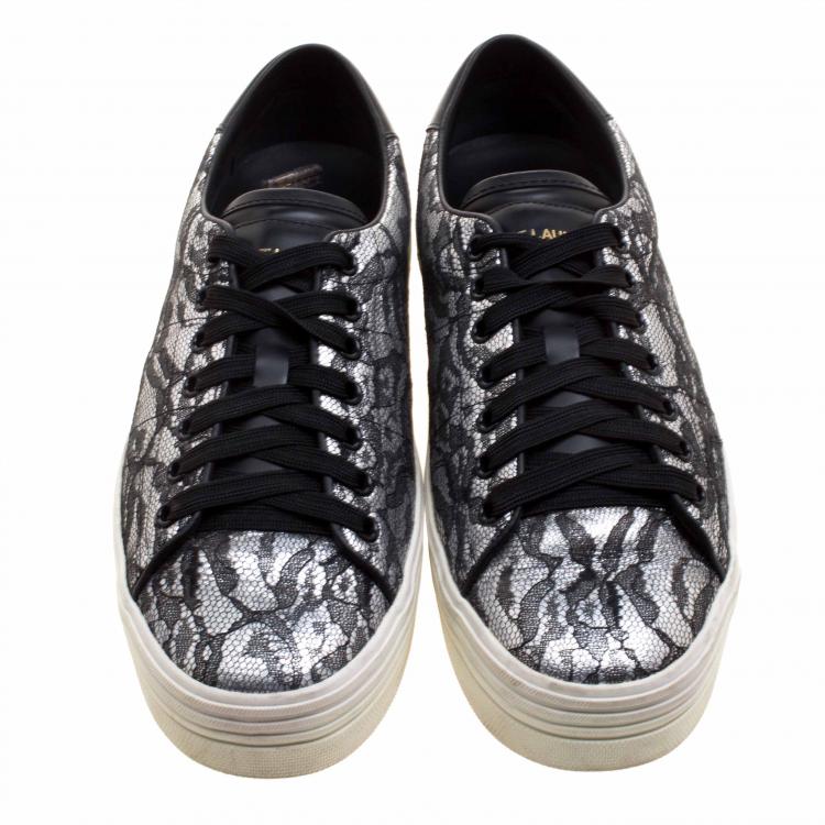 Pre Owned Saint Laurent Paris Black/Silver Lace and Leather Sneakers Size 39