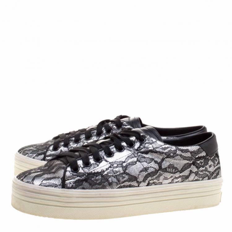 Pre Owned Saint Laurent Paris Black/Silver Lace and Leather Sneakers Size 39