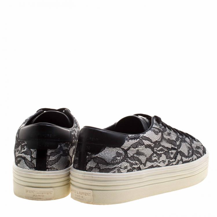 Pre Owned Saint Laurent Paris Black/Silver Lace and Leather Sneakers Size 39