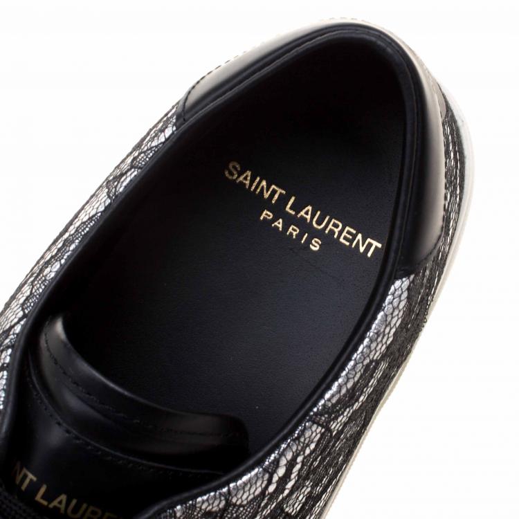 Pre Owned Saint Laurent Paris Black/Silver Lace and Leather Sneakers Size 39