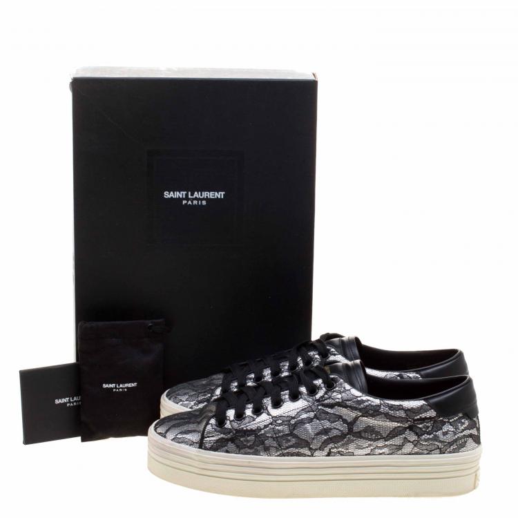 Pre Owned Saint Laurent Paris Black/Silver Lace and Leather Sneakers Size 39
